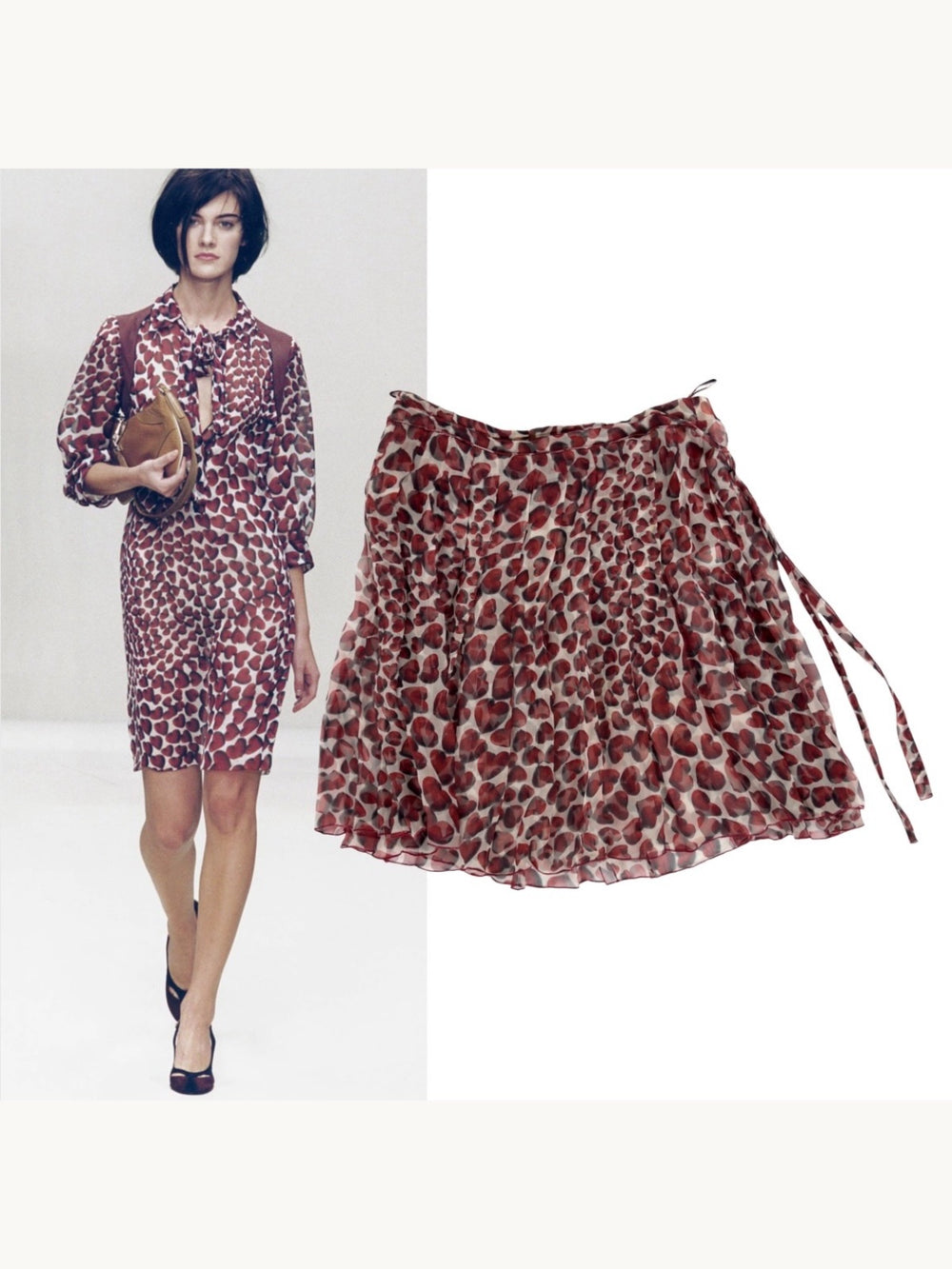 Prada Spring 2000 Red Hearts Print Silk Chiffon Skirt