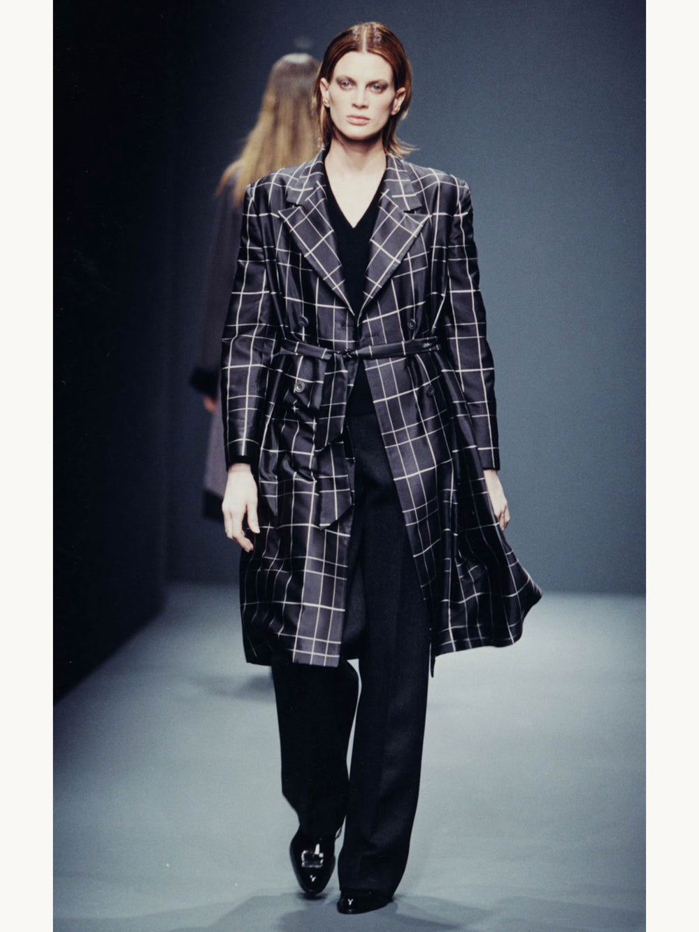 Prada Fall 1997 Navy Silk Grid Coat