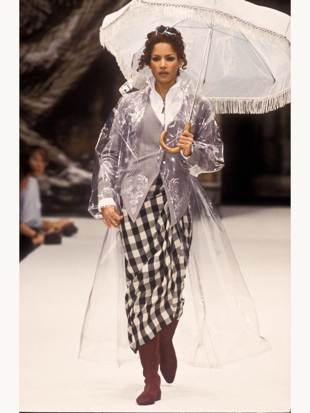 Rifat Ozbek Fall 1993 Black and White Gingham Wrap Midi Skirt
