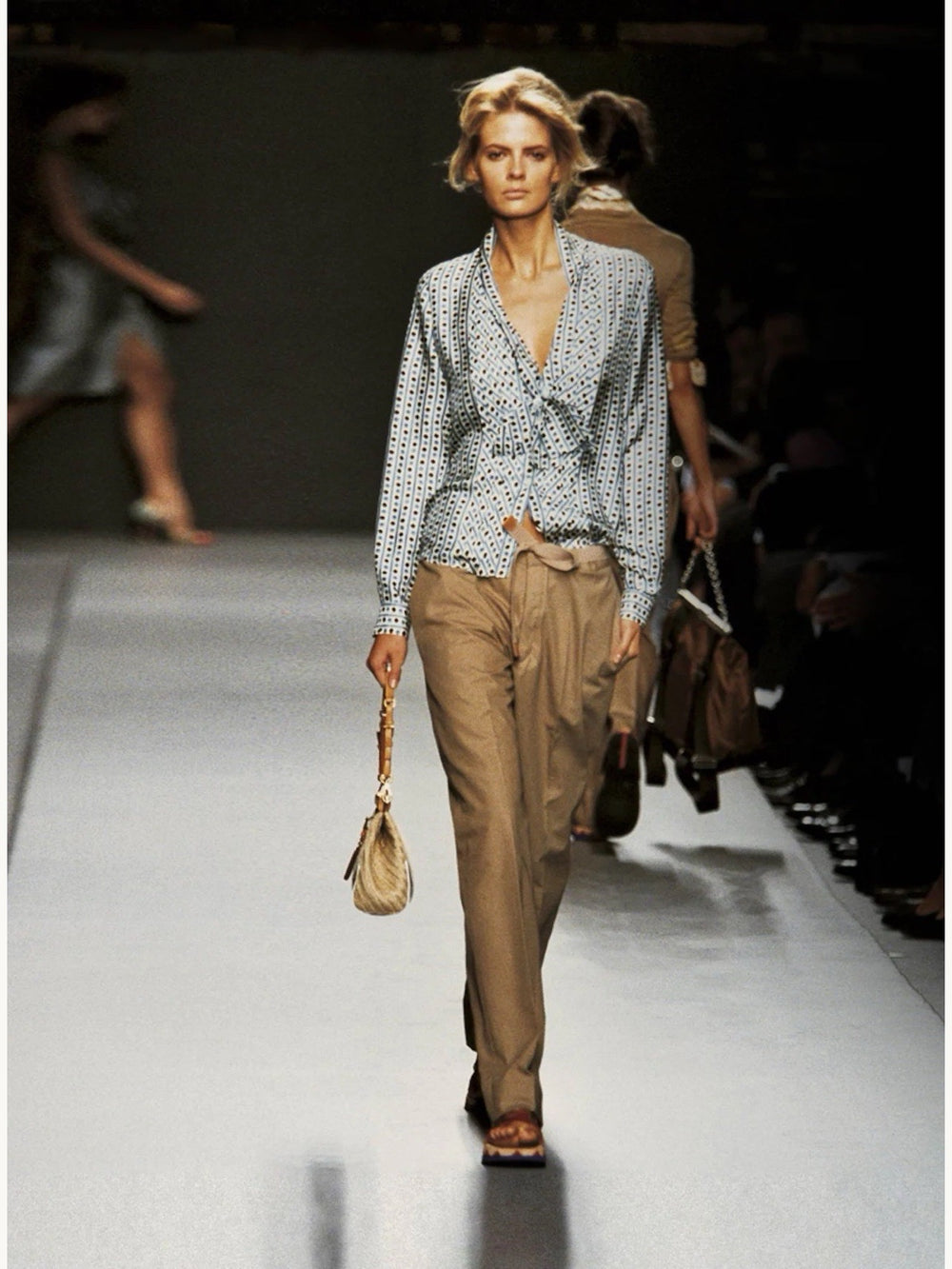 Prada Spring 2004 Blue & Brown Dot Bow Tie Button Blouse