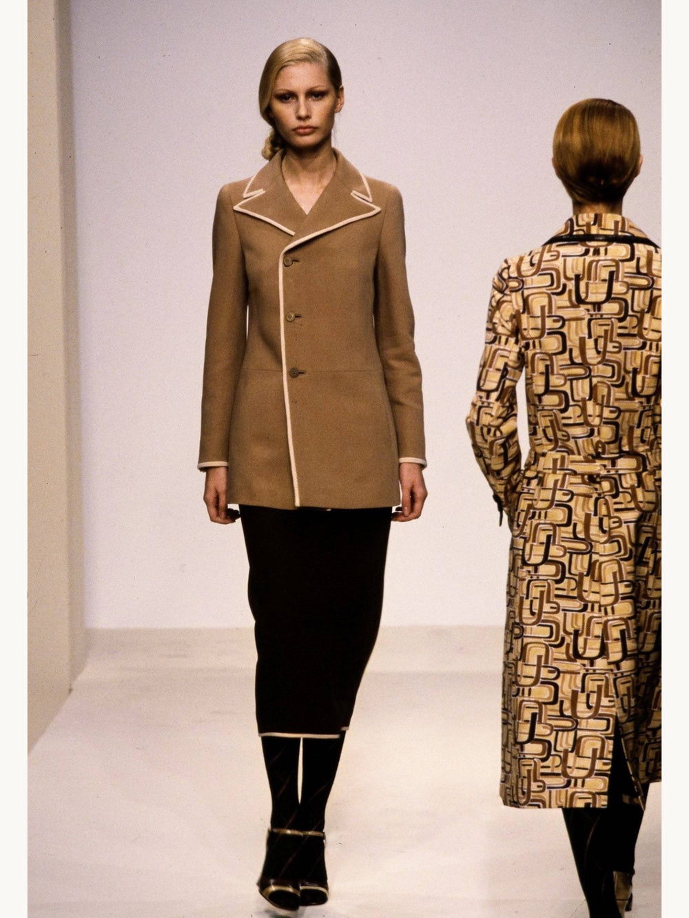 Prada Fall 1996 Tan Cream Trim Asymmetric Button Jacket