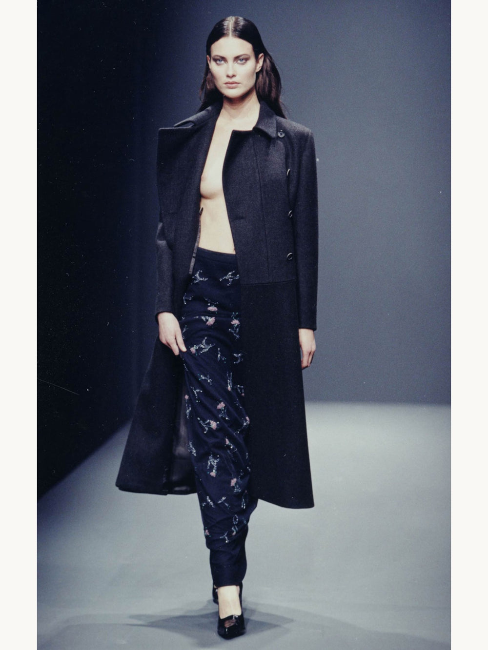 Prada Fall 1997 Black Floral Print Silk Skirt