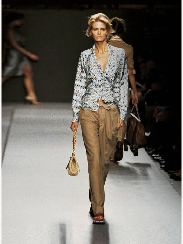 Prada Spring 2004 Blue & Brown Dot Bow Tie Button Blouse