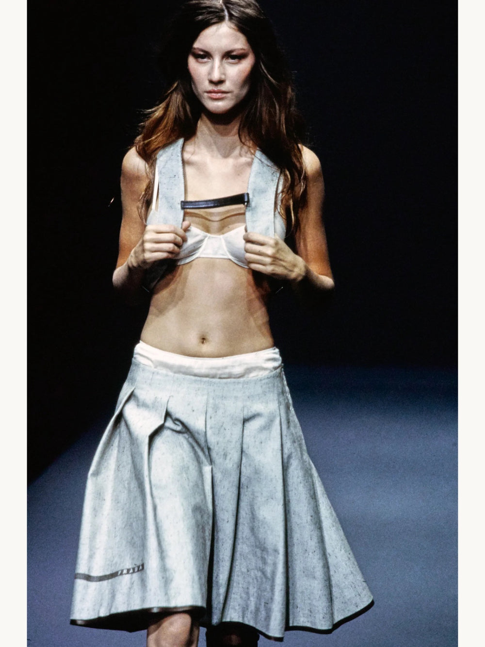 Prada Spring 1999 Pleated Linen Cotton 'PRADA' Strip Skirt