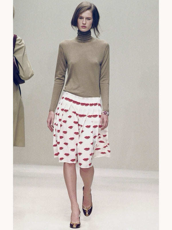 Prada Spring 2000 Red Lips Print Pleated Silk Skirt