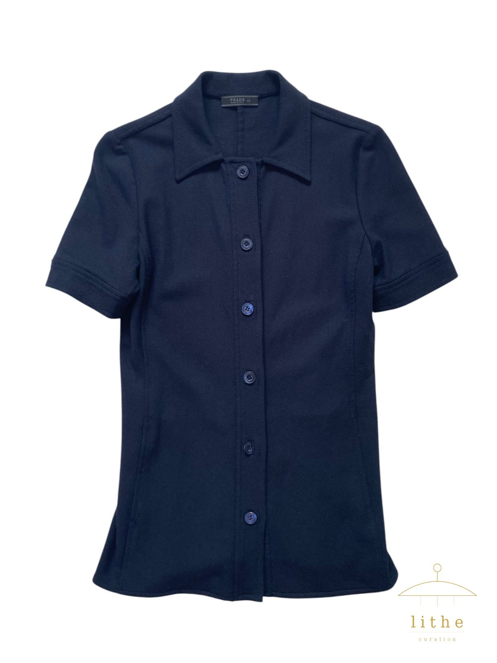 Prada Spring 1996 Navy Wool Short Sleeve Buttoned Shirt