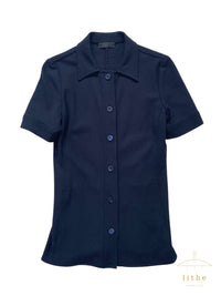 Prada Spring 1996 Navy Wool Short Sleeve Buttoned Shirt
