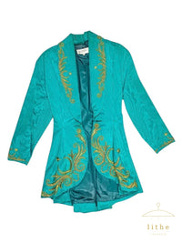 Rifat Ozbek Spring 1987 Turkish Moon and Star Embroidered Taffeta Turquoise Jacket