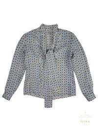 Prada Spring 2004 Blue & Brown Dot Bow Tie Button Blouse
