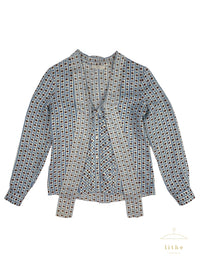 Prada Spring 2004 Blue & Brown Dot Bow Tie Button Blouse