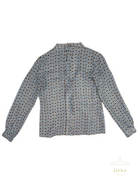 Prada Spring 2004 Blue & Brown Dot Bow Tie Button Blouse